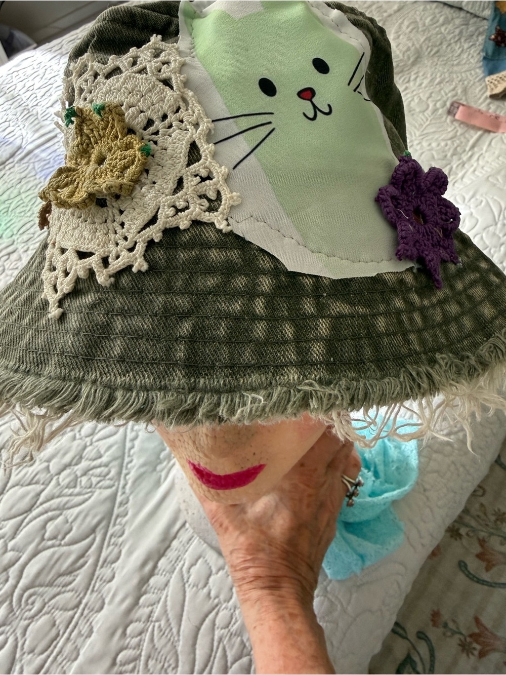 Upcycled Distressed Washed Green Denim Patchwork Bucket Hat OS